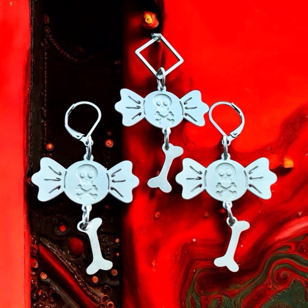 🆕 Skull & Bones Poison Candy Laser Etched Necklace Earrings Set Stainless Steel